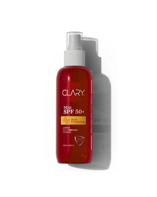 Clary SPF 50+ mist bottle on a white background