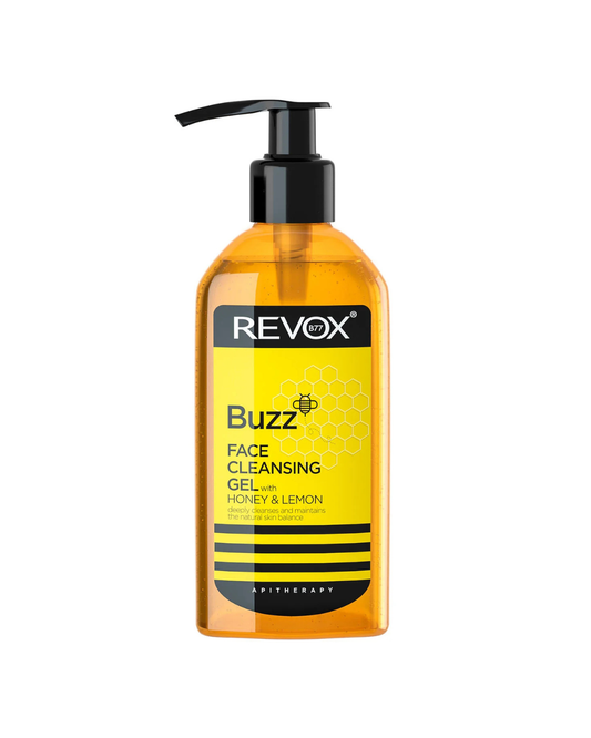 Revox Buzz face cleansing gel bottle with honey and lemon on a white background