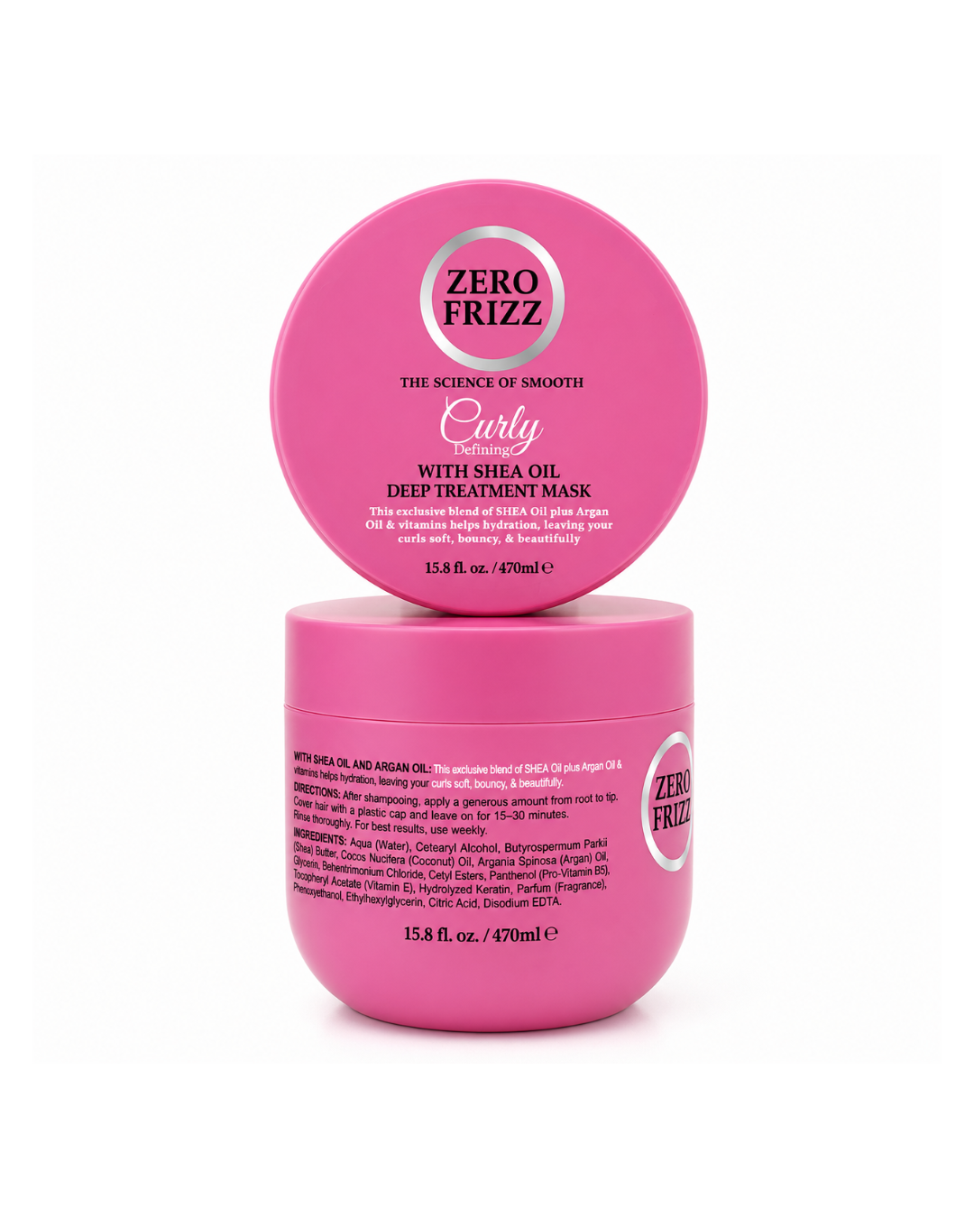 Zero Frizz pink jars on white background