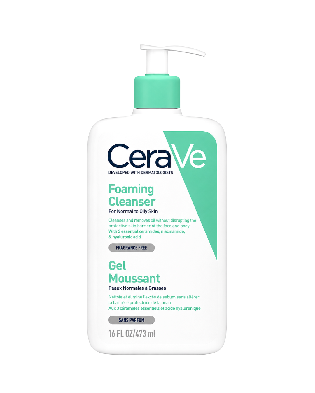 CeraVe Foaming Cleanser in a 16 fl oz pump bottle, featuring a white bottle with a mint green pump and a matching green graphic accent on the label.