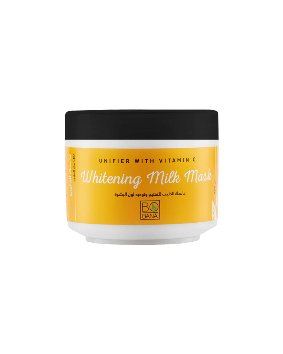 Bobana Whitening milk mask jar with yellow label and black lid on a white background