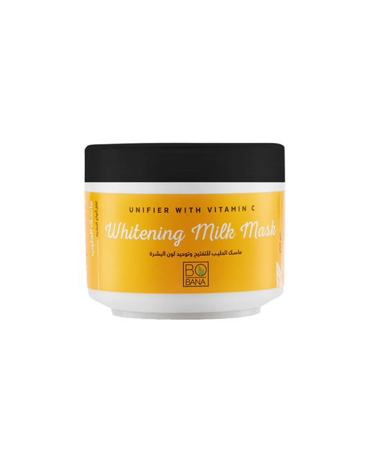 Bobana Whitening milk mask jar with yellow label and black lid on a white background