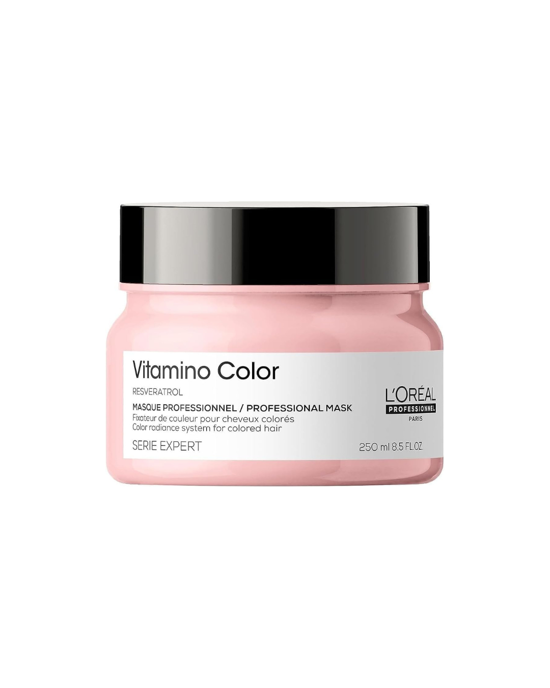 L'Oreal Vitamino Color hair mask jar on a white background