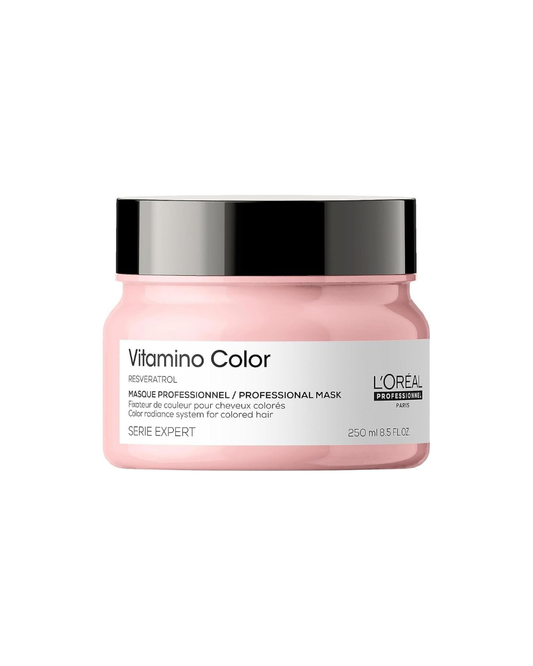 L'Oreal Vitamino Color hair mask jar on a white background