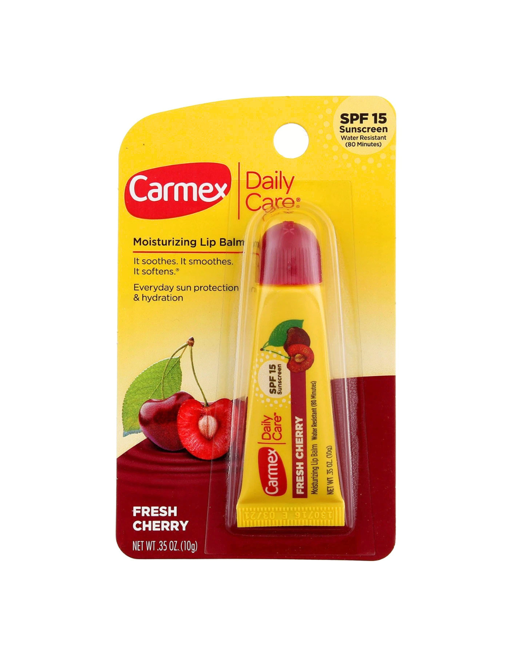 Carmex Daily Care lip balm packaging with cherry design on a white background