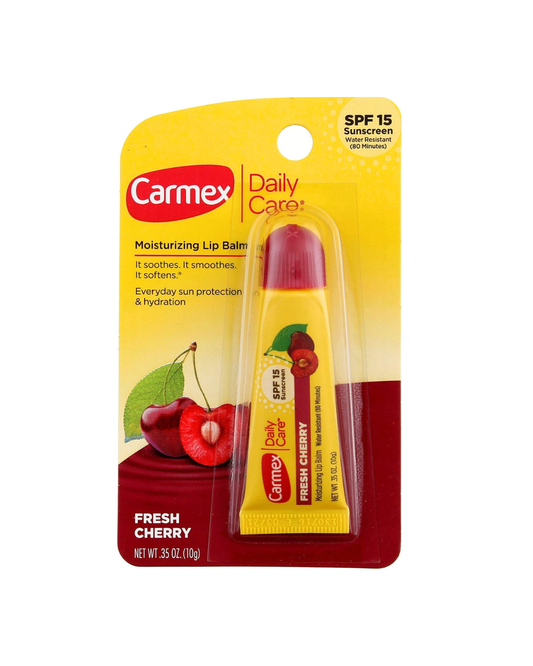 Carmex Daily Care lip balm packaging with cherry design on a white background