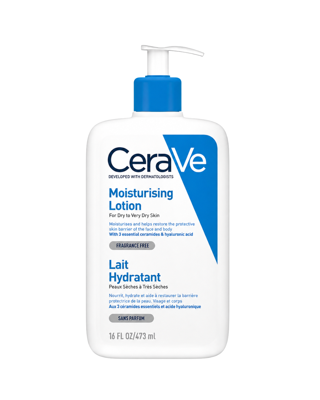 CeraVe Moisturising Lotion in a 16 fl. oz. white pump bottle with a blue pump and blue graphic accent on the label.
