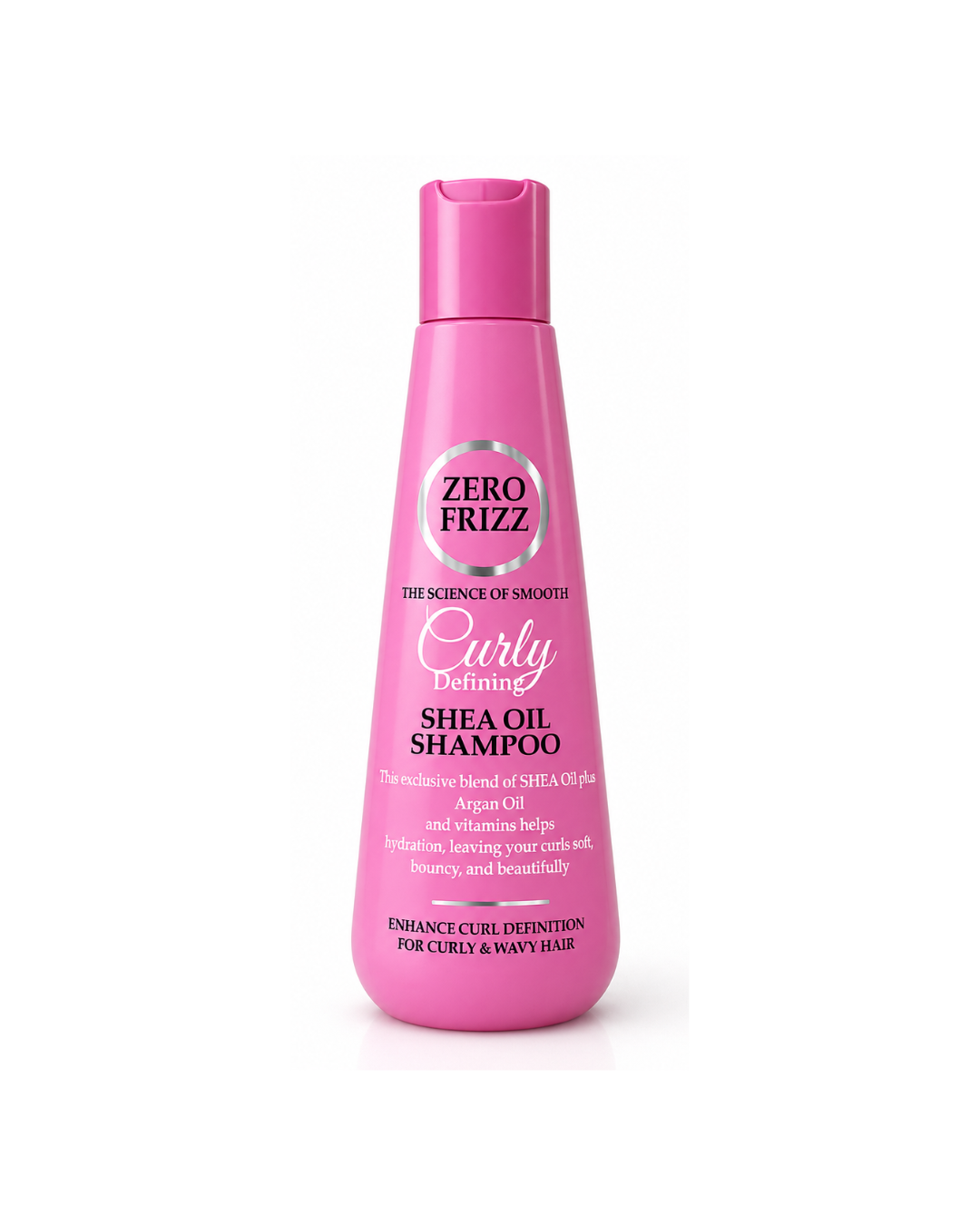Zero Frizz Pink Bottle Shampoo on white background