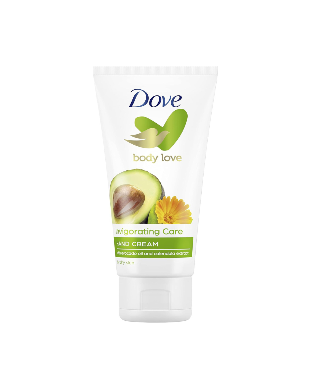 Dove body love hand cream with avocado and sunflower design on a white background