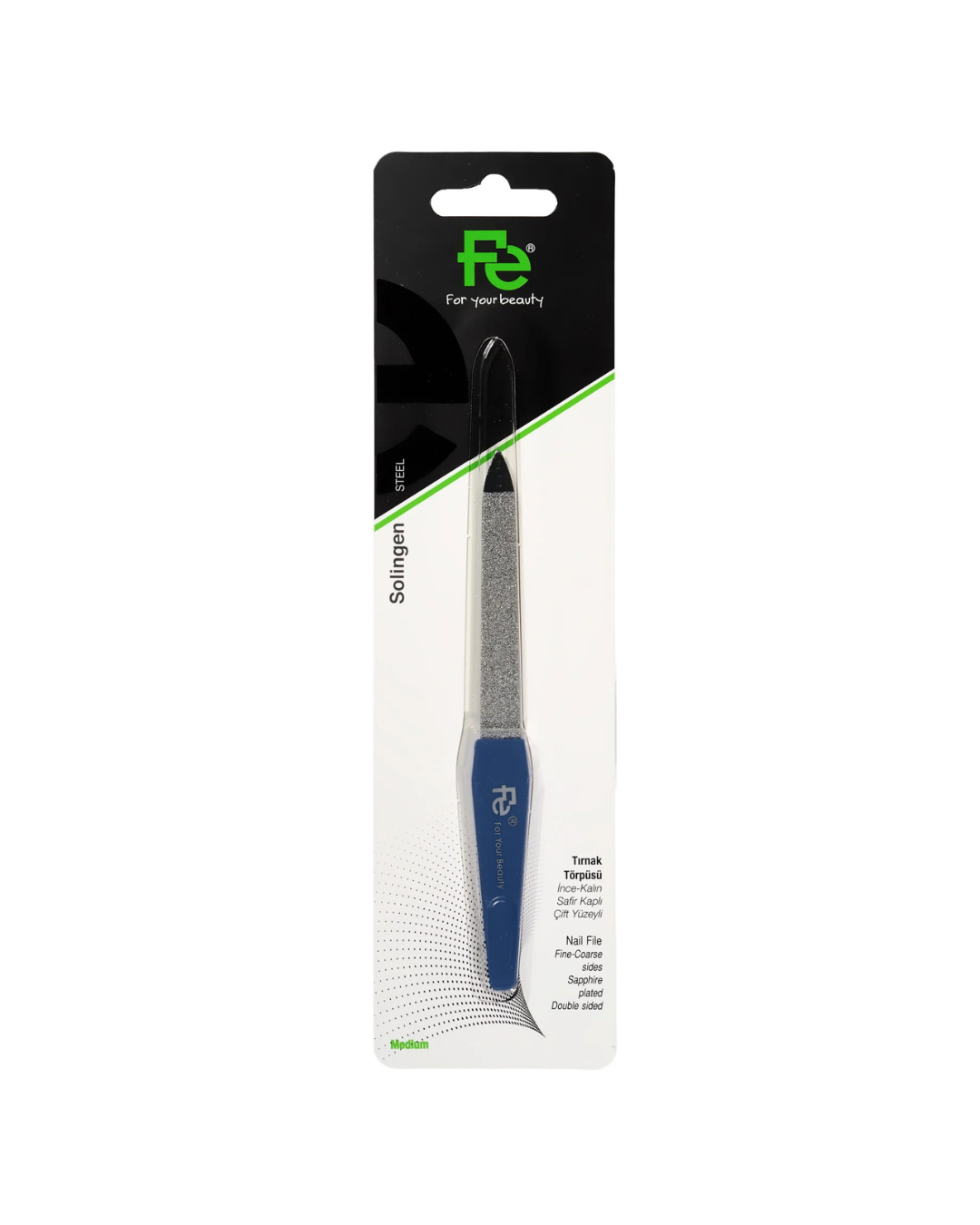 Nail file in packaging with brand logo Fe on a white background