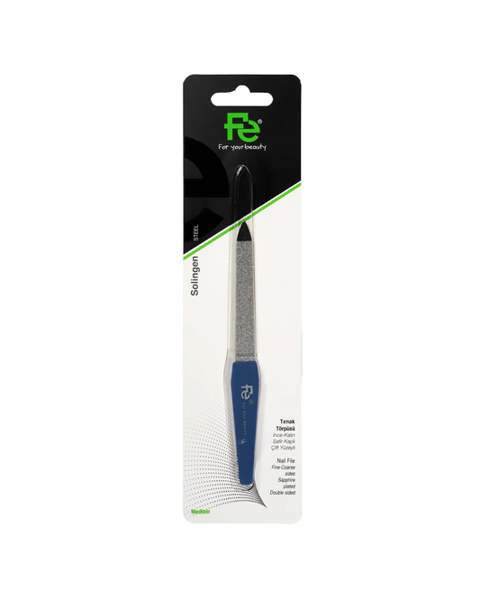 Nail file in packaging with brand logo Fe on a white background