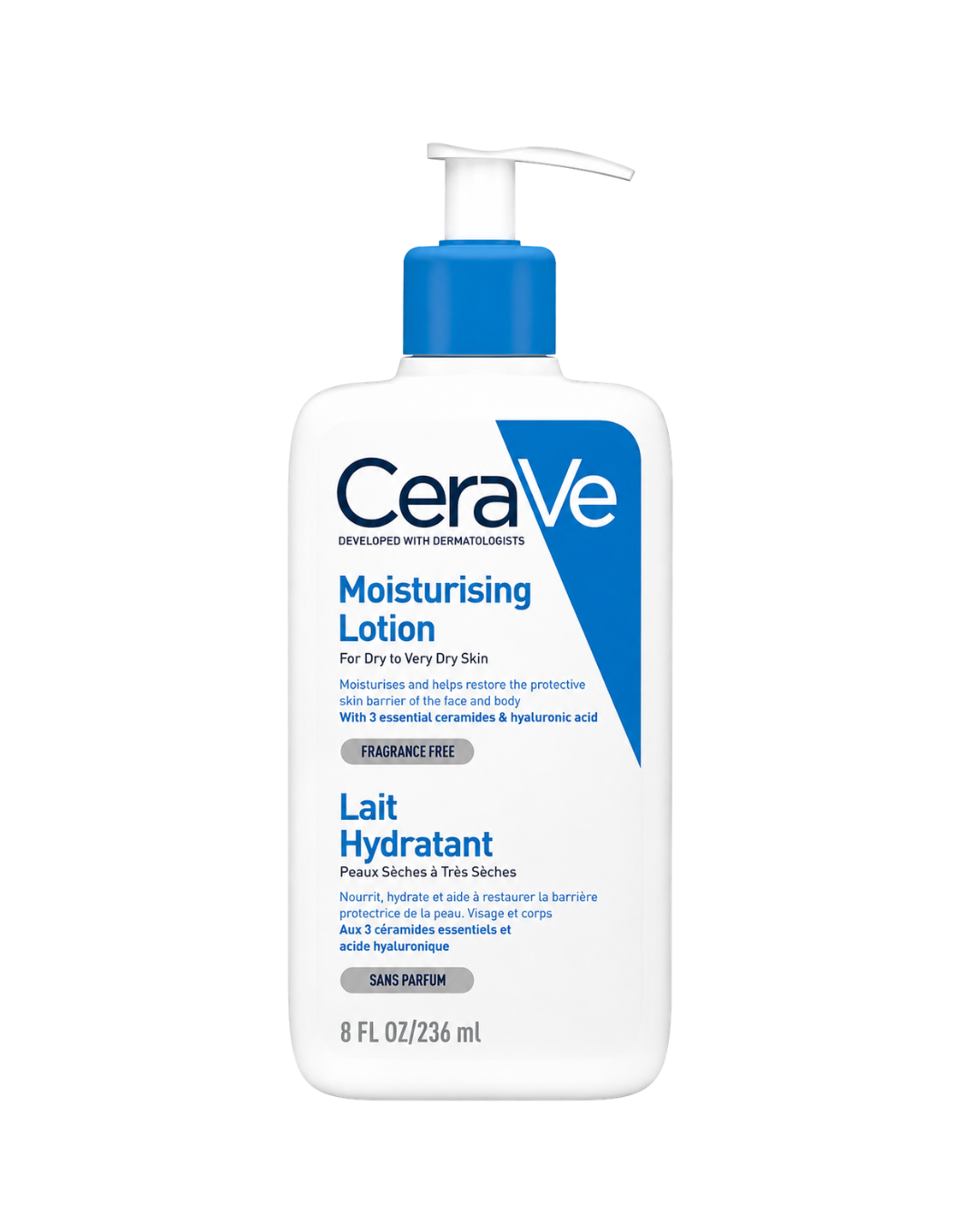 CeraVe Moisturising Lotion in a white pump bottle with a blue cap and blue label accents, shown on a plain white background.