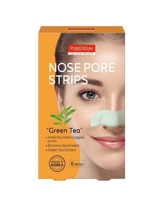 Purederm Green Tea Nose Pore Strips box, featuring a bright orange background with a model's face showing a light green strip applied to the nose.
