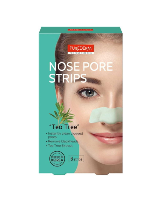 Purederm Tea Tree Nose Pore Strips packaging box, featuring a teal background with a model's face showing a green strip applied to the nose.