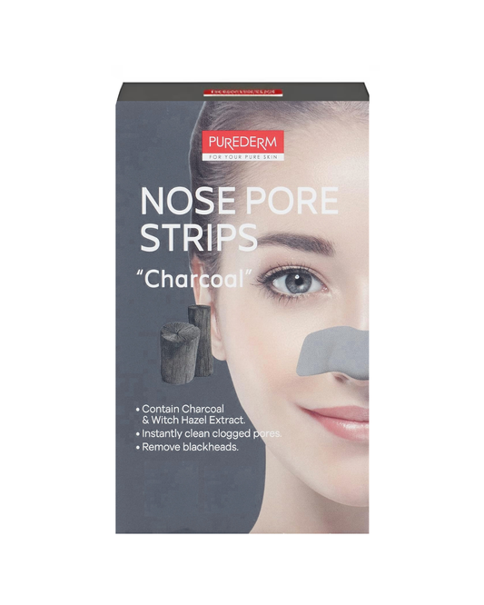 Purederm Nose Pore Strips 'Charcoal' retail packaging box, featuring a model with a charcoal strip applied to her nose on the front, set against a plain white background.