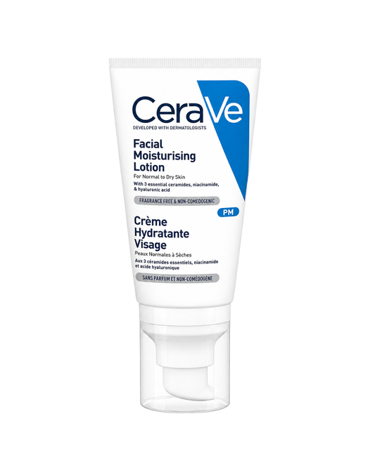 CeraVe Facial Moisturising Lotion PM in a white squeeze tube with a clear cap, shown on a plain white background.