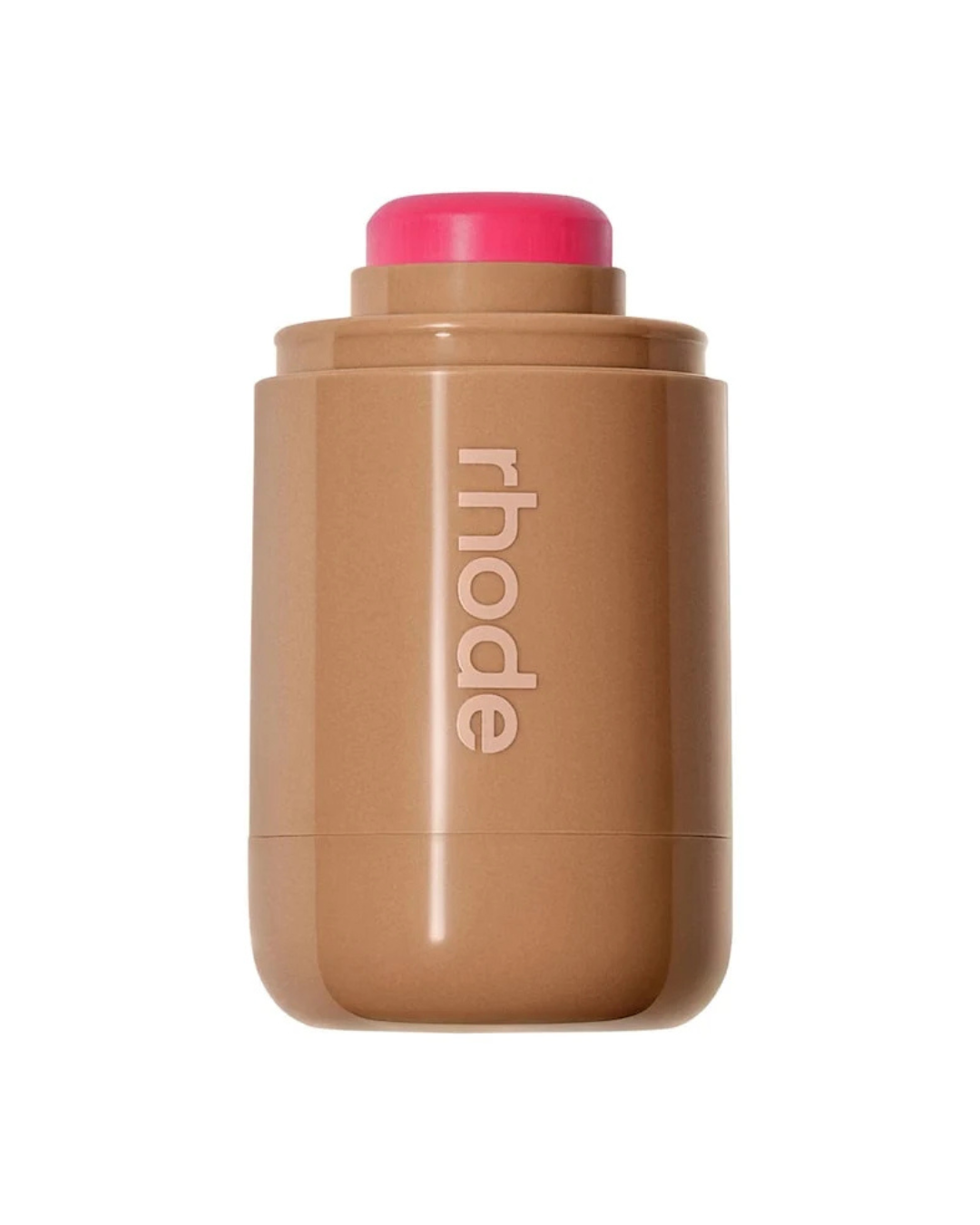 A brown makeup stick with a bright pink cap, featuring the vertical rhode logo on the front, set against a plain white background.