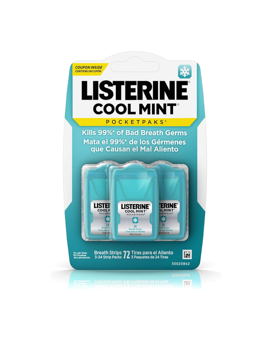 Packaging of Listerine Cool Mint mouthwash on a white background