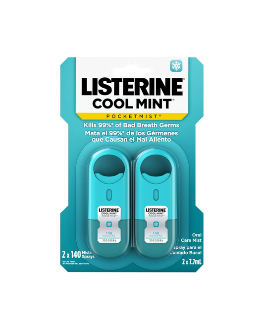 Listerine Cool Mint packaging with two mint strips on a white background