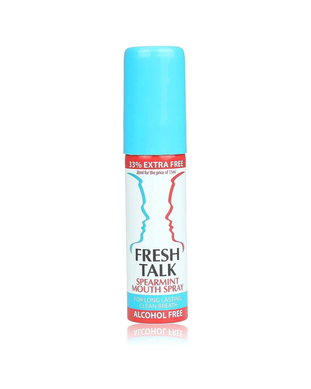 Blue bottle of Fresh Talk Spearmint mouthwash on a white background
