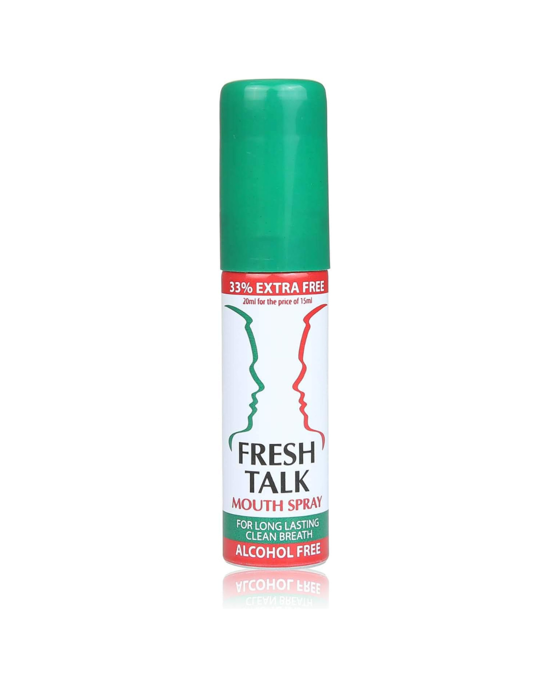Green and white bottle of Fresh Talk mouth spray on a white background