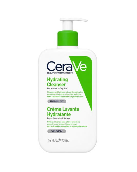 CeraVe Hydrating Cleanser in a 16 fl oz pump bottle. The bottle is white with a bright green pump dispenser and a green diagonal accent on the label.
