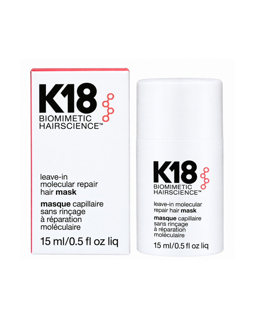 K18 Biomimetic Hairscience leave-in molecular repair hair mask shown as a white cylindrical bottle next to its white rectangular box with a thin red border.