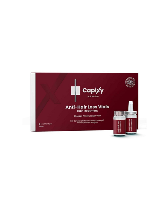 CapiXY anti-hair loss treatment packaging with vials on a white background