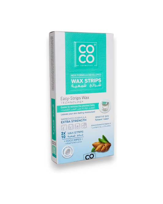 Box of COCO wax strips on a white background