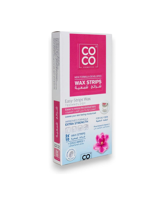 Box of COCO wax strips on a white background
