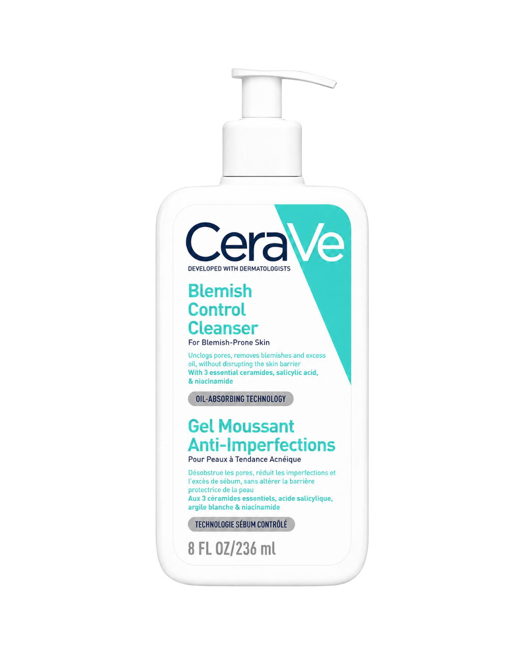 CeraVe Blemish Control Cleanser in an 8 fl oz pump bottle, featuring a white bottle with teal and navy branding on a clean white background.