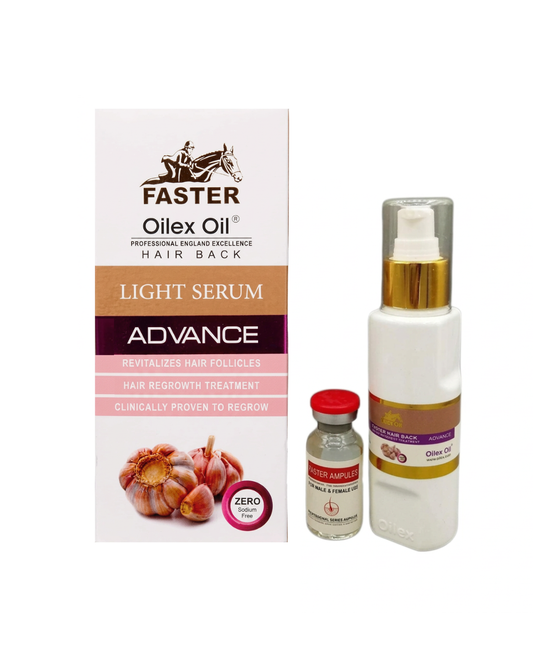 Faster Oilex Oil hair care products including serum and ampoule on a white background