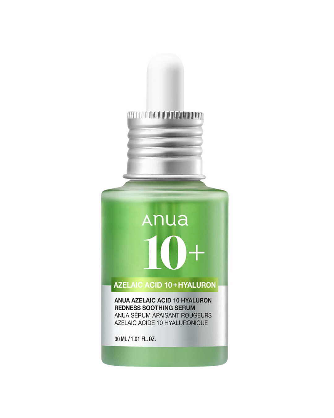 Anua 10+ Azelaic Acid 10 Hyaluronic Redness Soothing Serum in a light green dropper bottle with a silver cap, on a white background.