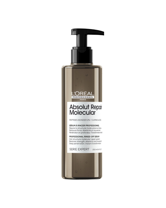 L'Oréal Professionnel Paris Absolut Repair Molecular serum in a translucent brown bottle with a black pump dispenser, shown on a plain white background.