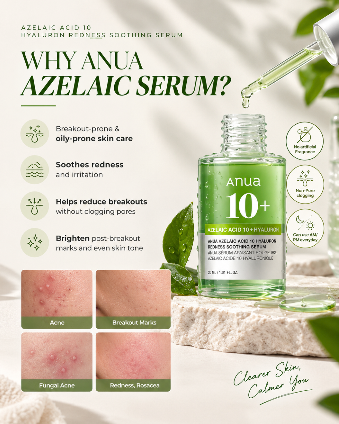 Anua Azelaic Acid 10 Hyaluronic Redensing Soothing Serum bottle with a glass dropper pouring green serum, set on a stone slab with green leaves. The left side features marketing text, icons, and before/after skin texture panels for acne and redness.
