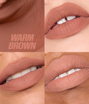Close-up of lips wearing a warm brown lipstick with product name text overlay.