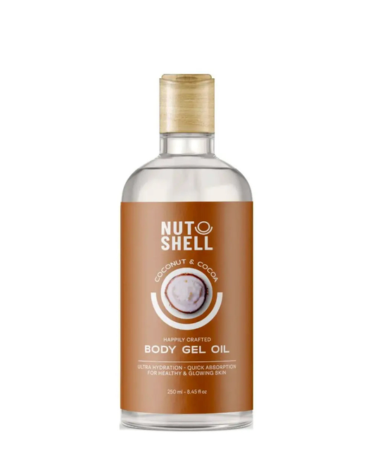 Bottle of Nut Shell coconut and cocoa body gel oil on a white background