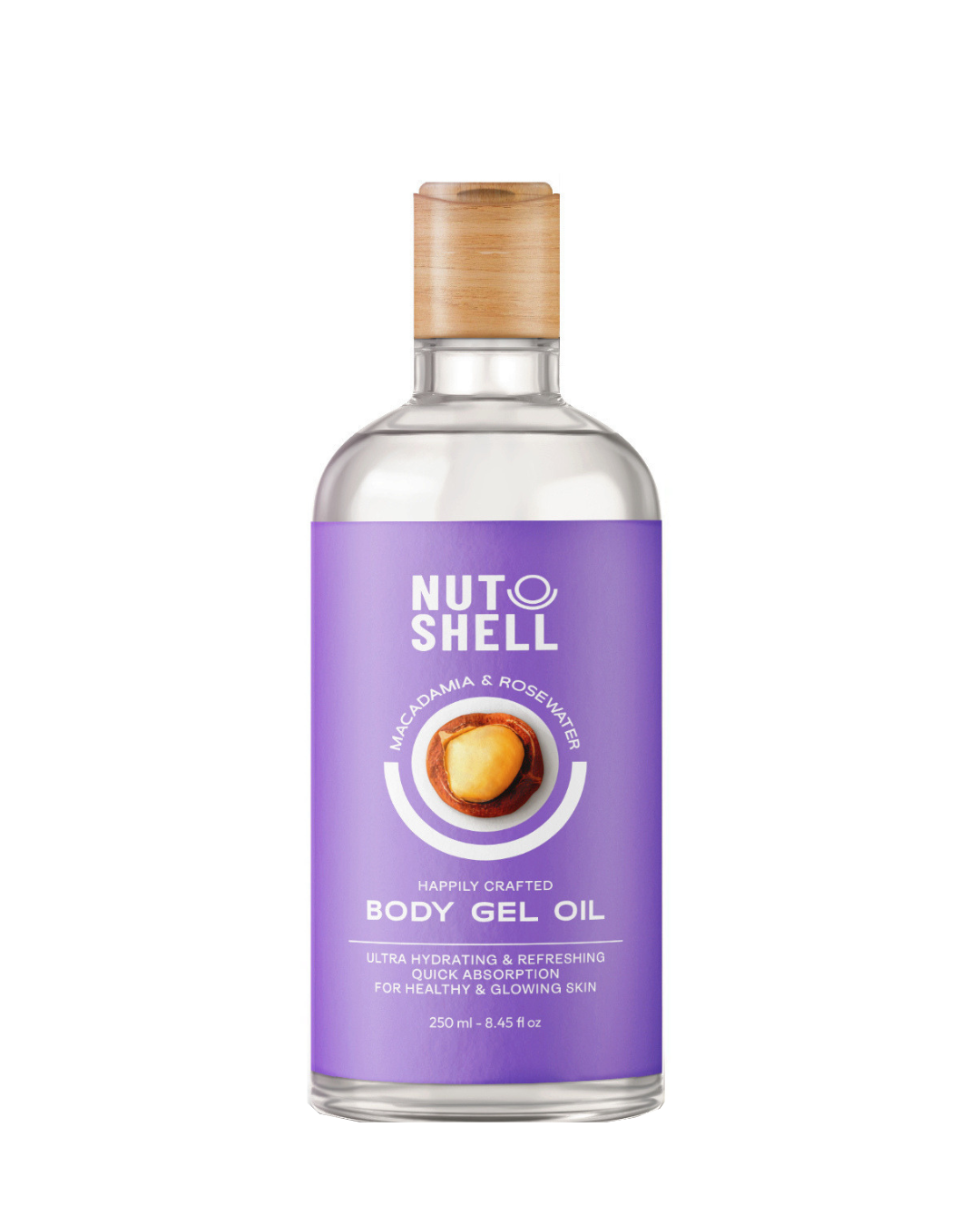 Bottle of Nut Shell body gel oil with a purple label on a white background