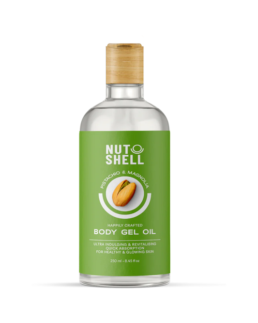 Bottle of Nut Shell body gel oil with a green label on a white background