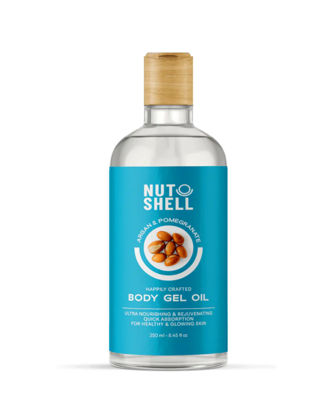Bottle of Nuto Shell body gel oil with a blue label on a white background
