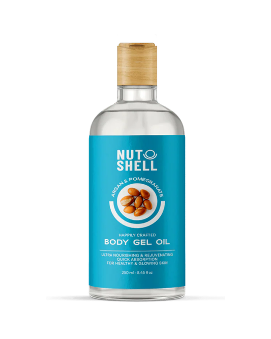 Bottle of Nuto Shell body gel oil with a blue label on a white background