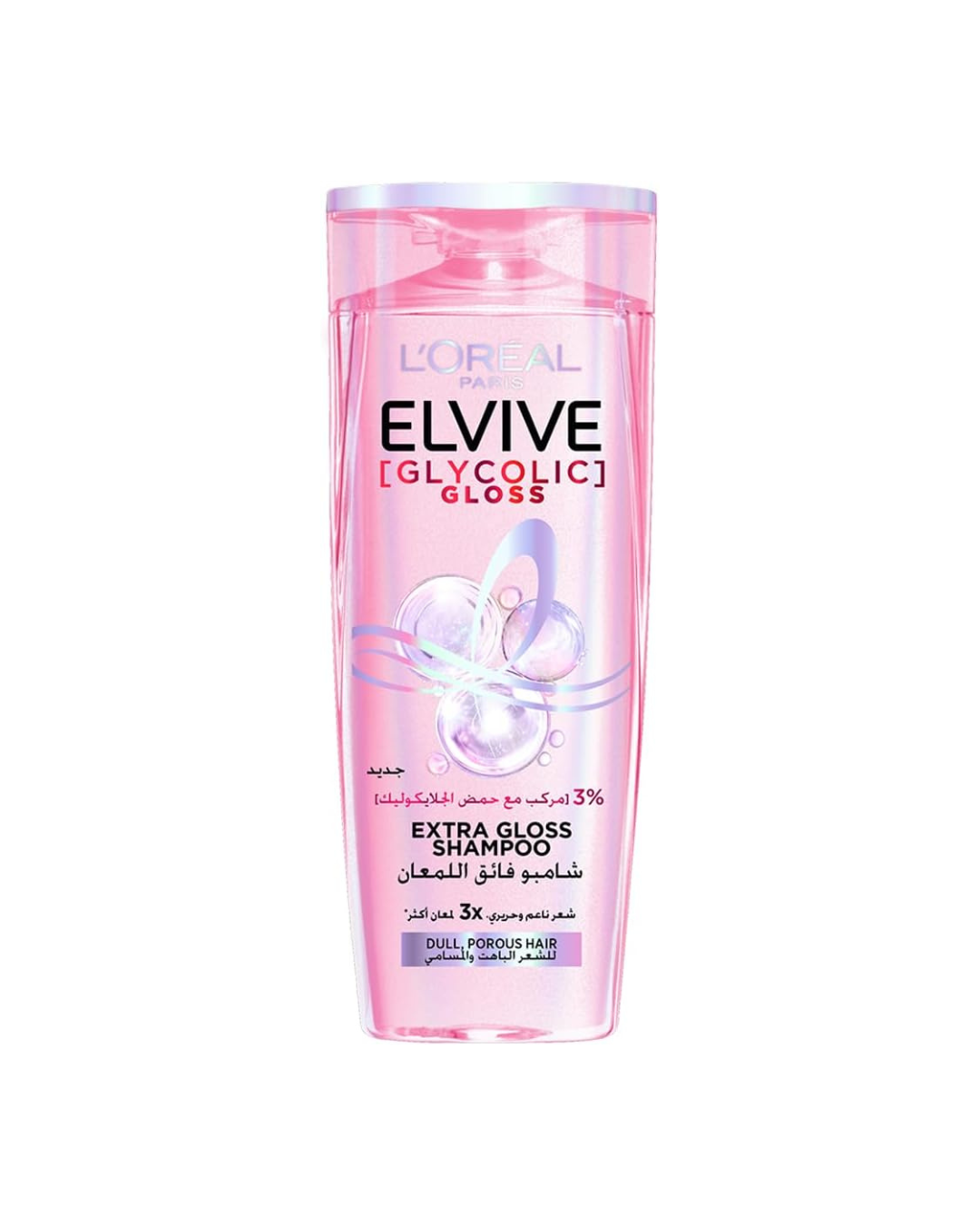 L'Oreal Elvive Glycolic Gloss shampoo bottle on a white background
