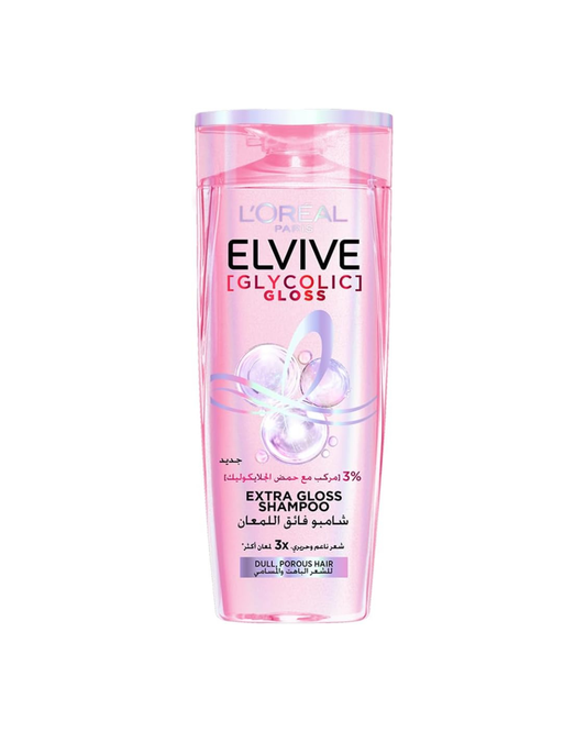 L'Oreal Elvive Glycolic Gloss shampoo bottle on a white background