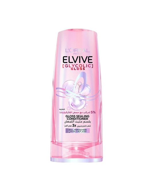 L'Oreal Elvive Glycolic Gloss hair conditioner bottle on a white background
