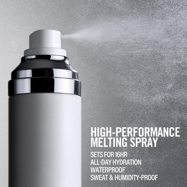 A close-up of a white and silver spray bottle labeled as high-performance melting spray, with a misty spray effect visible on the right against a textured gray background and white text detailing its properties.