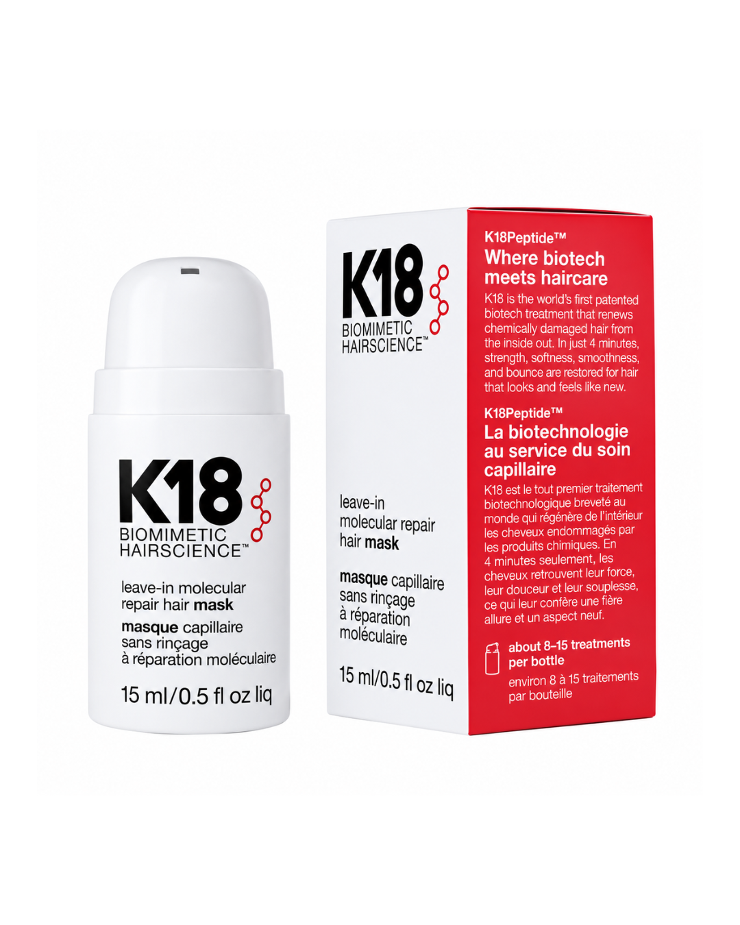 K18 Biometric Haircare leave-in molecular repair hair mask bottle and packaging box on a white background.