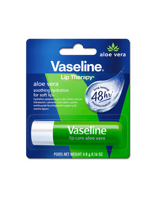 Vaseline Aloe Vera Lip Therapy lip balm in its original blue and green blister card packaging, featuring the green tube of balm and a white cap.