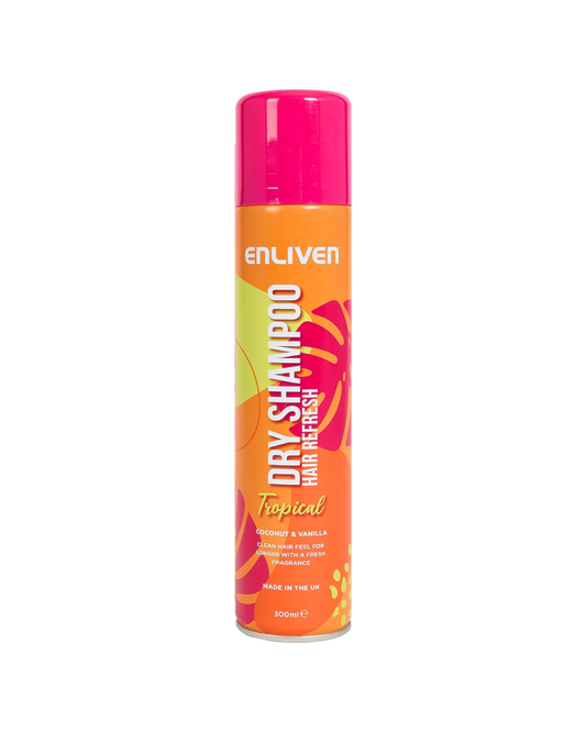 Enliven dry shampoo can with pink top and colorful label on a white background