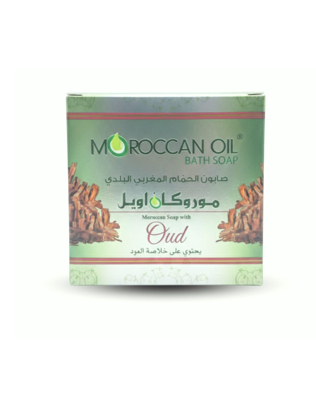 Moroccan Oil bath soap bar with green packaging on a white background