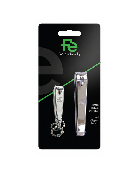 Nail clippers set on a black packaging with 'FE' brand logo.